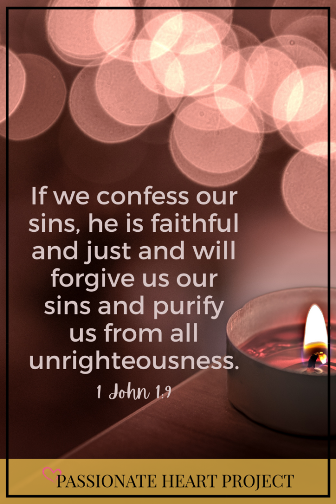 pink bokah with candle and verse: "If we confess our sins, he is faithful and just and will forgive us our sins and purify us from all unrighteousness." 1 John 1:9